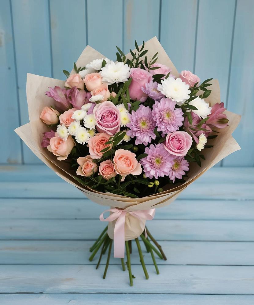 Букет цветов из: Хризантемы, Розы и Альстромерии в Отрадном Самарская область