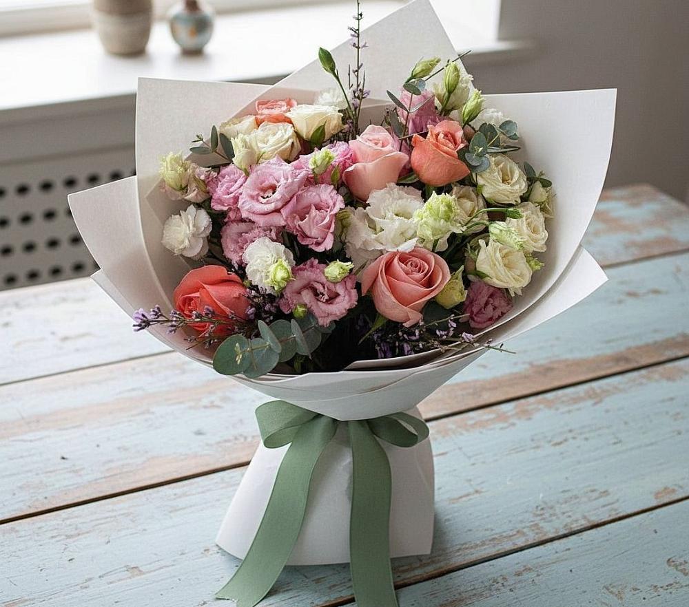 Букет цветов из: Розы, Лизиантусы и Гвоздики в Отрадном Самарская область