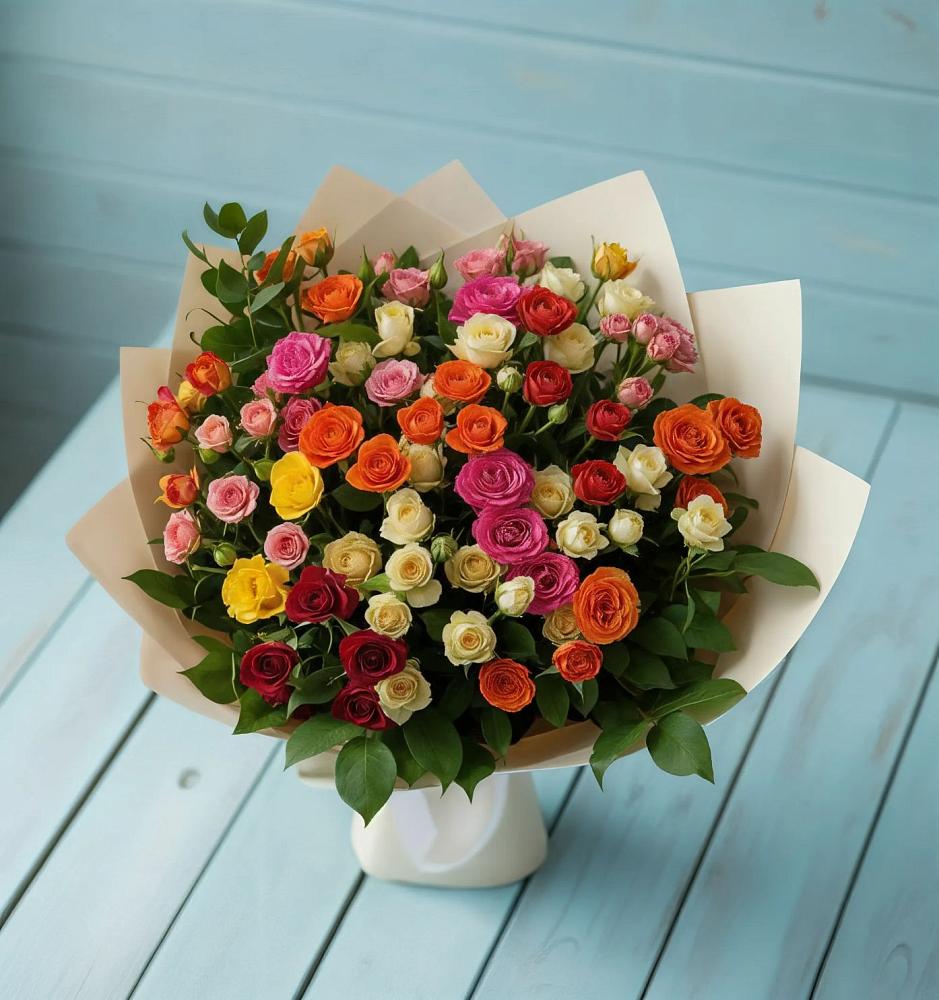 Букет Микс из разноцветных кустовых роз в Отрадном Самарская область