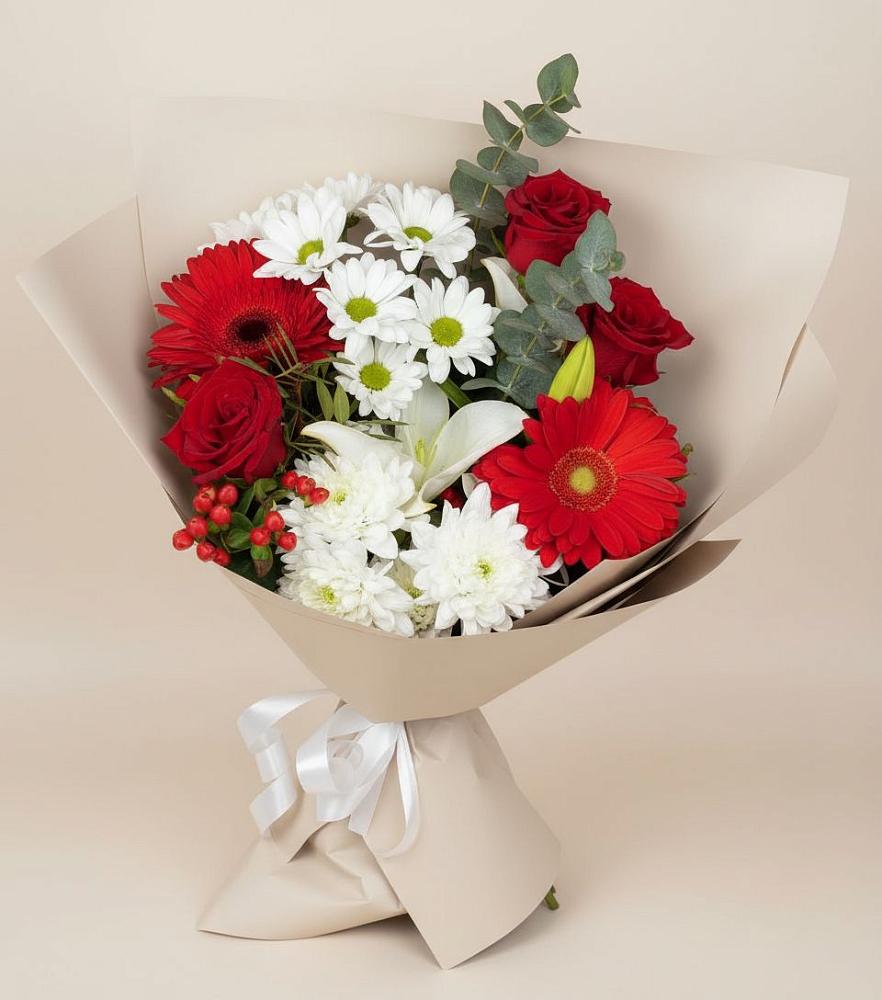 Букет цветов из: Розы, Хризантемы, Герберы и Лилии в Отрадном Самарская область