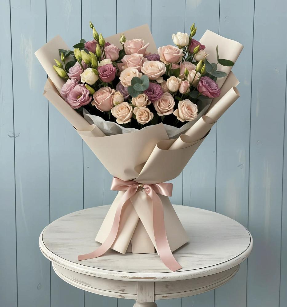 Букет цветов из: Розы и Лизиантусы в Отрадном Самарская область