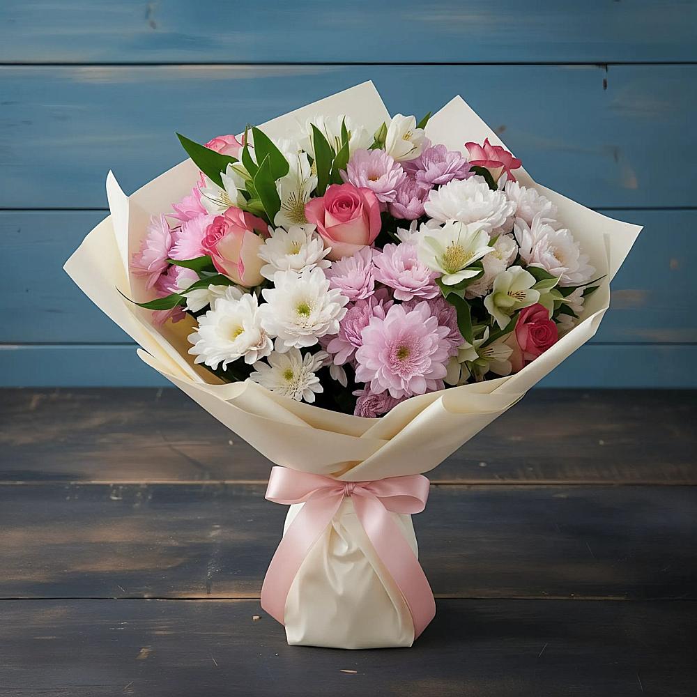 Букет цветов из: Хризантемы, Альстромерии и Розы в Отрадном Самарская область